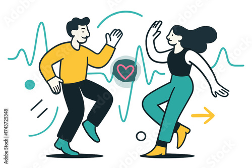 Heartbeat Dance. Heartbeat duet. Two abstract figures dancing, curved lines tracing synchronized pulses around