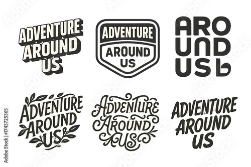 Adventure Lettering Variations. Adventure Around Us. Set lettering. harmonious lettering variations of the same emblematic concept, each with different