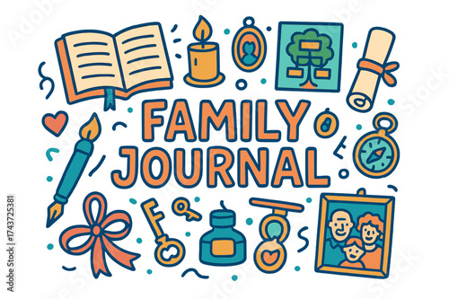 Family Journal Doodle. Family Journal. Hand-drawn doodle illustration of Family Journal. Open notebook,