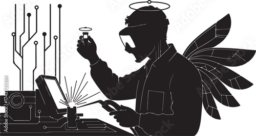 Silhouette of an angel with devilish features working on a computer and holding a vial in a laboratory setting with circuit board elements