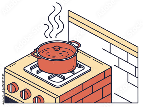 Simmering Culinary Delight: An inviting illustration of a pot of food is simmering gently on a stove, inviting foodies to enjoy a delicious dish.