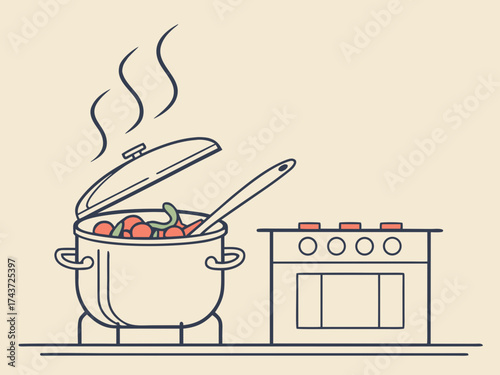 Culinary Creation: Illustration of a simmering pot on a stove. Featuring steam rising gently from the lid, signaling culinary artistry.