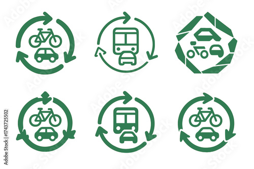 Sustainable Mobility Logos. Sustainable urban transportation. Set Logo of circular arrows: mobility symbol with cycle arrows and transport icons. harmonious