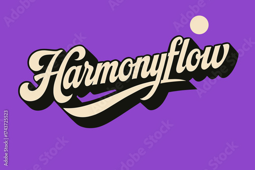 Harmonyflow Design. ?Harmonyflow?. retro calligraphy, dynamic curves, strong angled 3D shadow, minimal