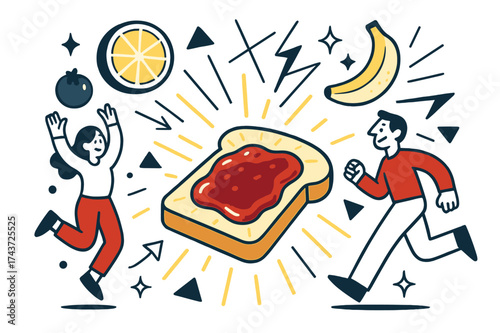 Dynamic Jam Breakfast. Fruit jam breakfast. Glowing toast topped with jam, abstract floating fruit slices and geometric light lines emphasizing deliciousness