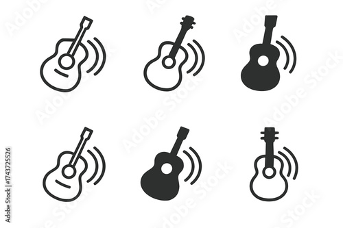 Guitar Logo Variations. Guitar strumming. Set Logo of Guitar strumming: guitar body with motion arcs. harmonious logo variations of the same emblematic