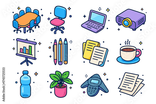 Colorful Office Workshop Icons. Office workshop. Colorful isometric vector icons set of office workshop: conference table, office chairs, laptops, projector,