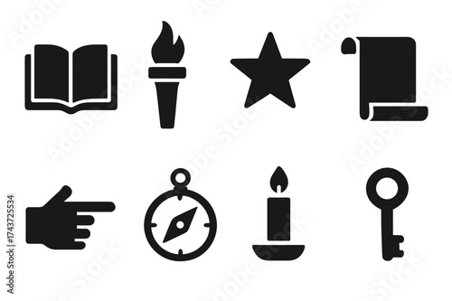 Mentor Icon Set. Mentor. Filled icon set of Mentor: open book, torch, star, scroll, guiding hand, compass,