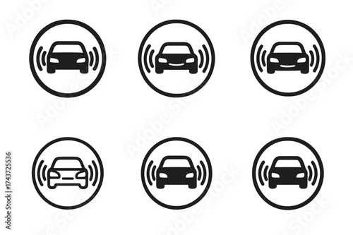 Futuristic Car Badges. In-car voice assistant prompt. Set Logo of futuristic badge: circular emblem with car and AI sound lines. harmonious logo variations of
