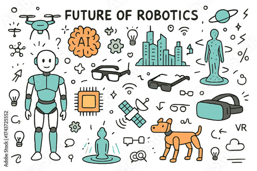 Futuristic Robot Doodle. Future of Robotics. Hand-drawn doodle illustration humanoid robot (colored), drone, AI brain (colored), futuristic city, hologram
