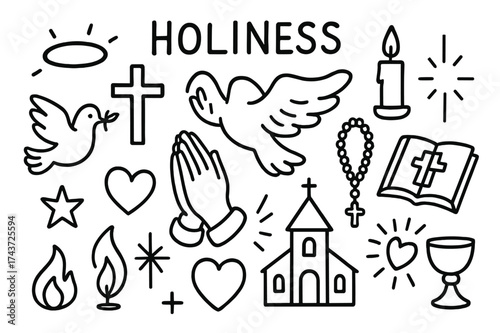 Divine Doodle Icons. Holiness. Hand-drawn doodle illustration holiness halo, cross, candle, bible, praying hands, dove, angel wings, rosary, rays of light,