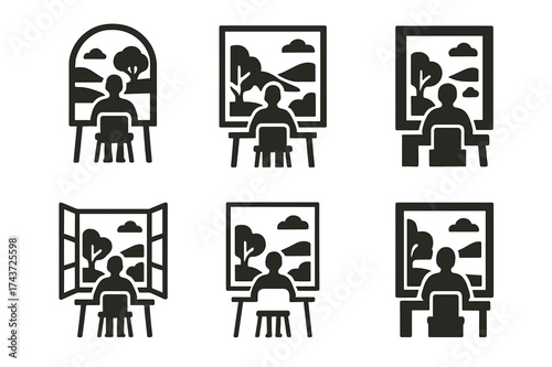 Harmonious Logo Variations. A person working in a calm and peaceful environment. Set Logo of window view: figure at desk facing open window with nature.