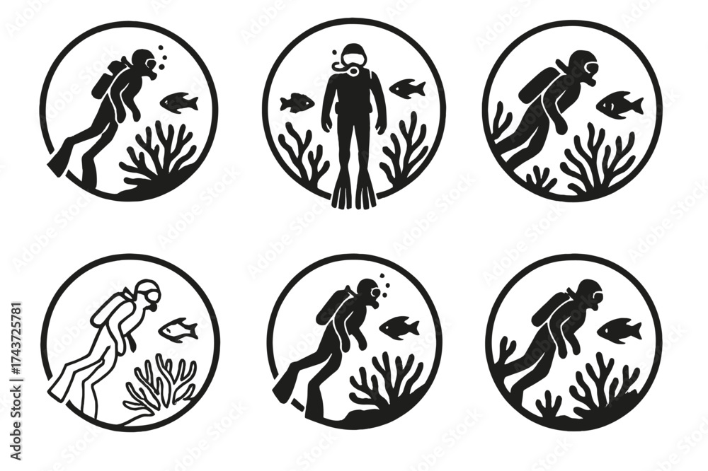 Fototapeta premium Marine Badge Logos. Exploration of ocean depths and undiscovered marine ecosystems. Set Logo of marine badge: circular emblem with diver, fish, and coral.
