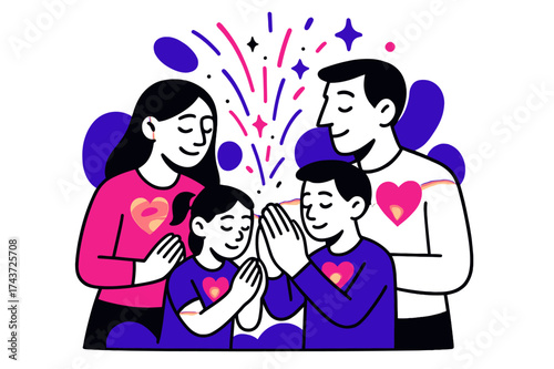 Family Unity Prayer. Family thanks. A small group standing together, hands joined in prayer, glowing hearts and abstract sparks rising upward in unity. Modern