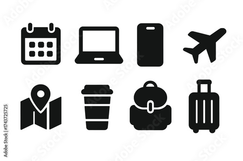 Flexibility Icon Set. Flexibility. Filled icon set of Flexibility: calendar, laptop, smartphone, airplane, map