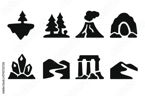 Fantasy Landscape Icons. Fantasy landscapes. Filled icon set of Fantasy landscapes: floating island, enchanted