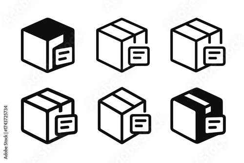 Diverse Parcel Logos. Address label. Set Logo of parcel delivery: shipping box with attached printed label. harmonious logo variations of the same emblematic