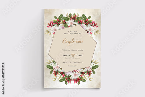 WEDDING INVITATION FRAME WITH FLOWER DECORATIONS AND FRESH LEAVES