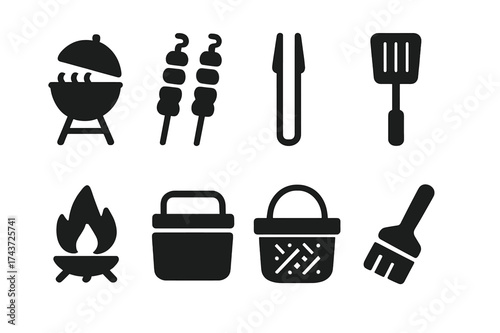Outdoor Cooking Icons. Outdoor Cooking. Filled icon set of Outdoor Cooking: grill, skewers, tongs, spatula,