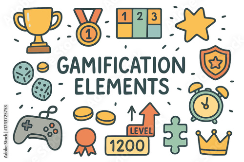 Gamification Icon Collection. Gamification Elements. Hand-drawn doodle illustration of Gamification Elements.