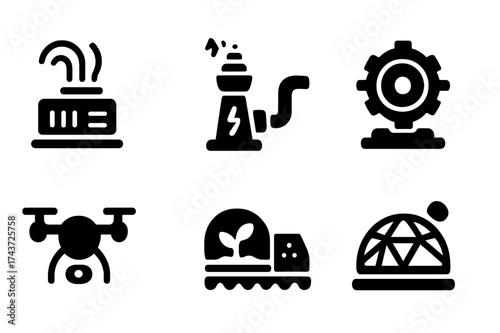 Terraforming Icon Set. Terraforming. Filled icon set of Terraforming: atmosphere machine, weather control