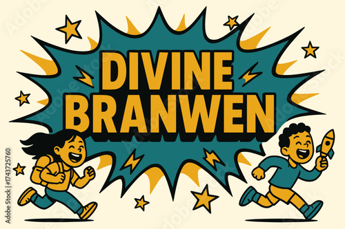 Branwen Banner Blast. Divine Branwen banner, flat vector illustration, bold oversized text inside splash explosion, cartoon characters running and laughing,
