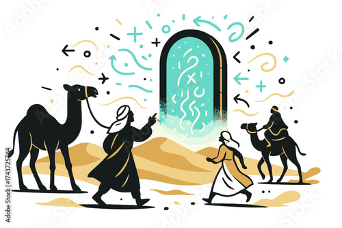 Desert Portal Scene. Portal in the desert. Shimmering gate rises in dunes, glowing with turquoise symbols.