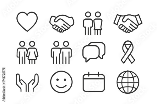 Respect and Care Icons. Respect and Care. Line icon set of Respect and Care: heart, hands holding, couple, handshake, family, friendship, chat bubble, ribbon,