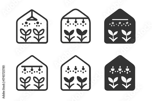 LED Greenhouse Logos. Indoor farming with LED lighting. Set Logo of greenhouse icon: enclosed structure with glowing lights inside. harmonious logo variations