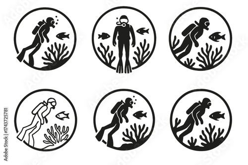 Marine Badge Logos. Exploration of ocean depths and undiscovered marine ecosystems. Set Logo of marine badge: circular emblem with diver, fish, and coral.