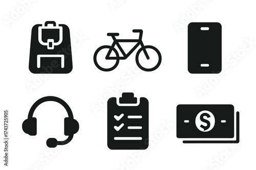 Gig Worker Icons. Gig worker tools. Filled icon set of Gig worker tools: backpack, bicycle, car, smartphone,
