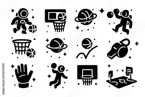 Space Basketball Icons. Space basketball. Solid icons set of space basketball: astronaut dribble, floating hoop, spinning ball, slam dunk, zero-g net, glowing