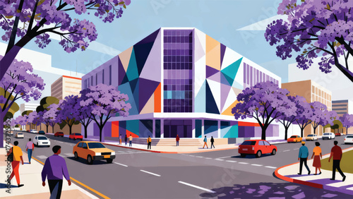 Illustration Of A Modern Building In The City Center, A Busy Street With Purple Trees Vector Design Template