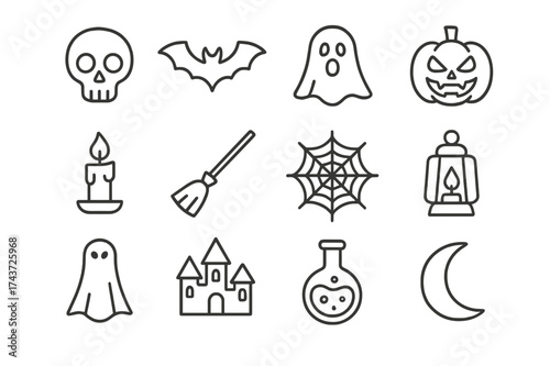 Creepy Icon Grid. Creepy elements. Line icon set of Creepy elements: skull, bat, ghost, jack-o?-lantern, candle, broomstick, cobweb, lantern, shadow figure,