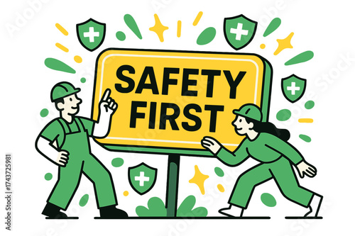 Safety First Poster. Safety Poster. A glowing workplace signboard with bold ?Safety First? text, abstract floating sparks and shield icons around. Modern