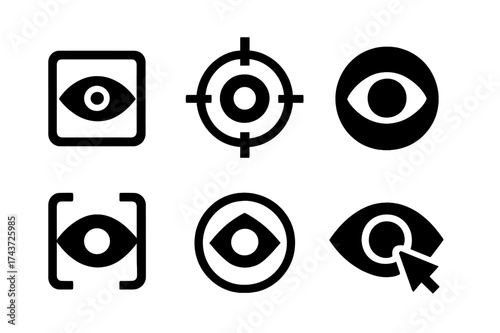 Eye-Tracking Logo Grid. Communication tools for nonverbal individuals. Set Logo of eye-tracking system: Abstract geometric, Minimal outline, Iconic shape,