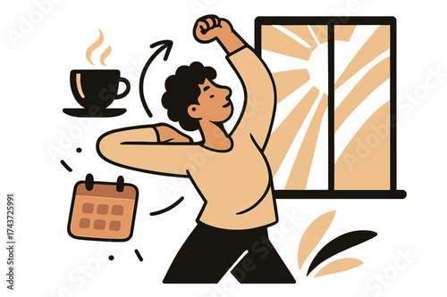 Morning Energy Burst. Morning routine. A person stretches near a glowing window with abstract sun rays, floating icons of coffee and calendar highlighting