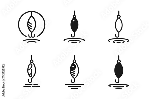 Lure Logo Variations. Fishing at the lake. Set Logo of lure and hook: detailed fishing lure hanging above water. harmonious logo variations of the same