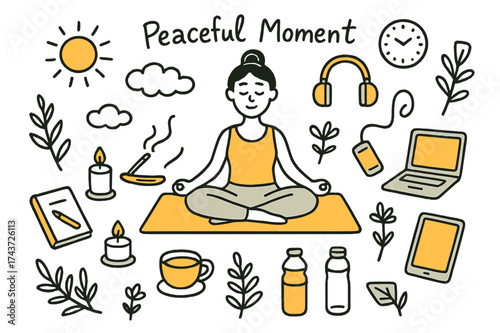 Peaceful Meditation Icons. Peaceful Moment. Hand-drawn doodle illustration peaceful moment meditation mat (accented), yoga pose, incense (accented), candle,