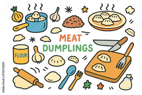Colorful Dumpling Preparation. Meat Dumplings. Colorful Hand-drawn doodle Children illustration dumpling, minced meat, onion, garlic, rolling pin, flour,