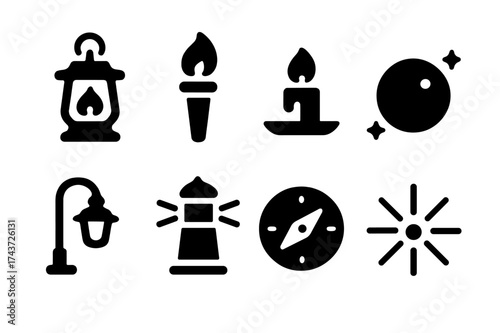 Pathfinder Icon Set. Pathfinder. Filled icon set of Pathfinder: lantern, torch, candle, glowing orb, street