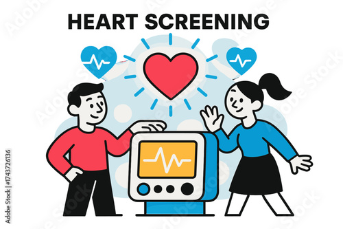 Heart Health Check. Heart Screening. A glowing ECG machine with abstract floating heart and pulse line icons radiating above symbolizing monitoring. Modern