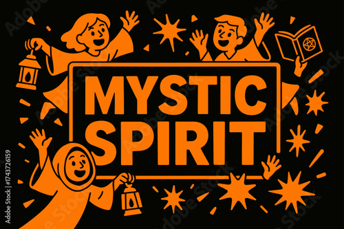 MysticSpirit Celebration Banner. MysticSpirit banner, flat vector illustration, bold oversized text inside rectangular frame, cartoon characters floating and