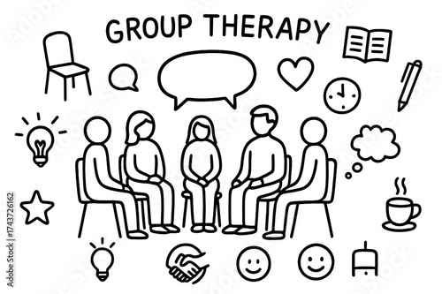 Therapeutic Doodle Icons. Group therapy. Hand-drawn doodle illustration group therapy people sitting in circle, speech bubble, heart, book, clock, notebook,
