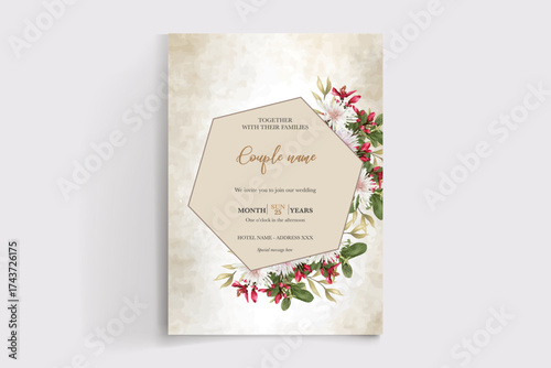 WEDDING INVITATION FRAME WITH FLOWER DECORATIONS AND FRESH LEAVES