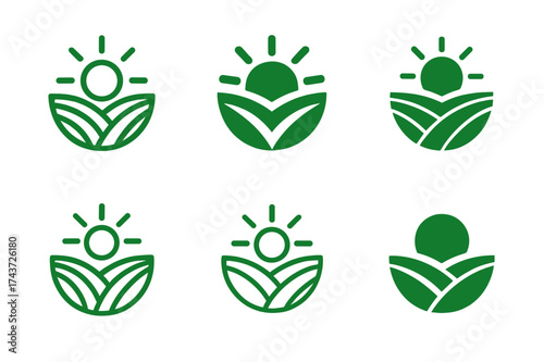 Organic Farm Logos. Organic and plant-based food systems. Set Logo of farm field: stylized rows of crops with sun above. harmonious logo variations of the same