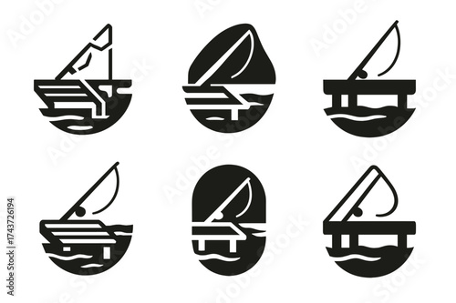 Dock Fishing Logos. Fishing at the lake. Set Logo of dock scene: fishing rod leaning on wooden pier. harmonious logo variations of the same emblematic concept,