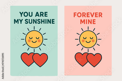 Sunshine and Forever Hearts. Romance. Two vertical A6 banners with safe margins, centered composition, no elements touching edges, flat vector design, pastel