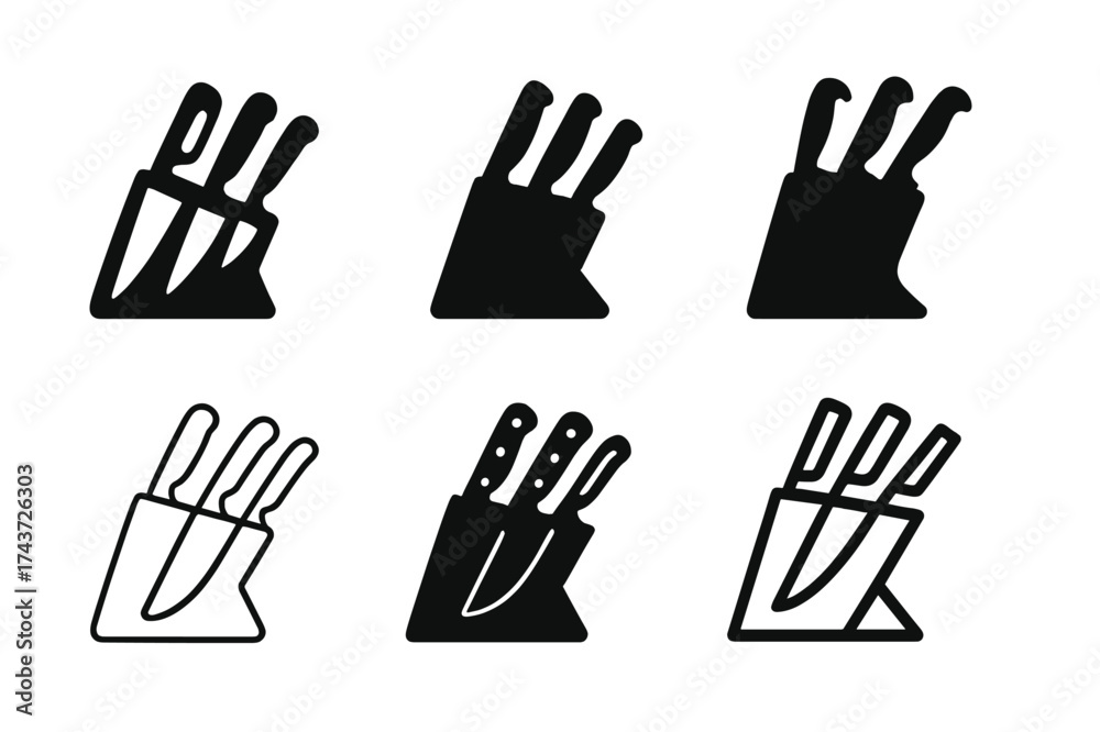 Fototapeta premium Diverse Knife Logos. Knife block. Set Logo of Kitchenware: chef knives icon. harmonious logo variations of the same emblematic concept, each with different
