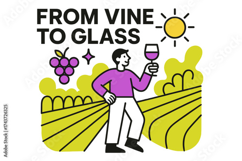 Vineyard Tour Experience. Vineyard Tour. Person standing in glowing vineyard rows holding wine glass, abstract